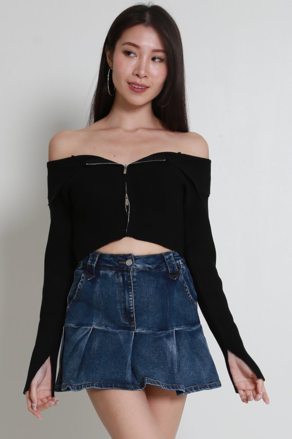 Caitlin Off Shoulder Knit Cardigan (Black)