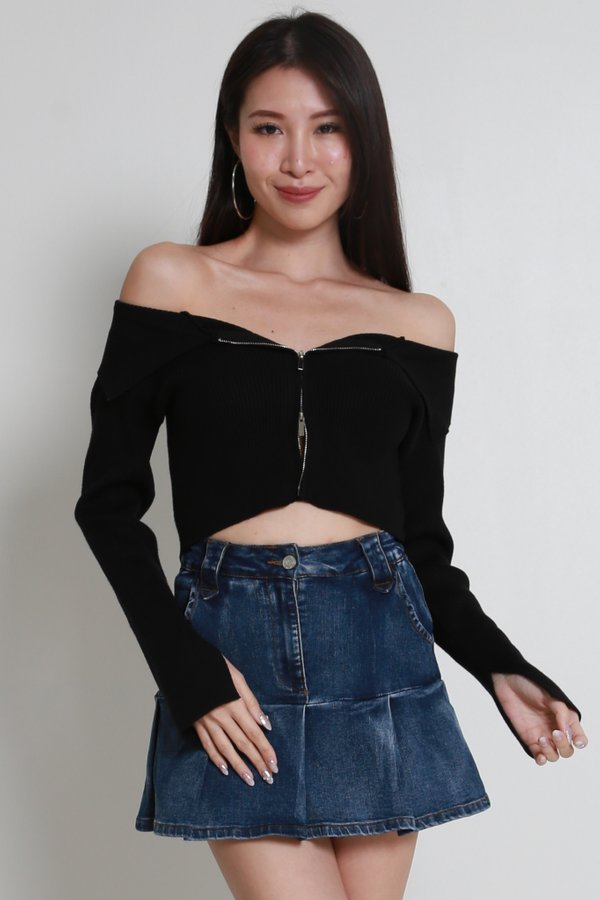 Caitlin Off Shoulder Knit Cardigan (Black)