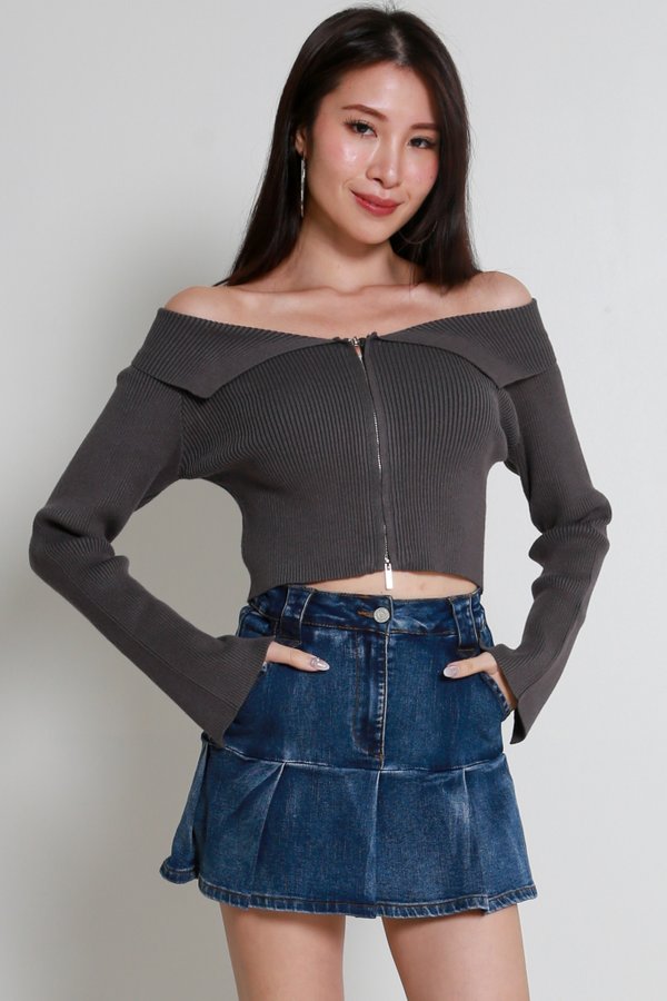 Caitlin Off Shoulder Knit Cardigan (Gunmetal)