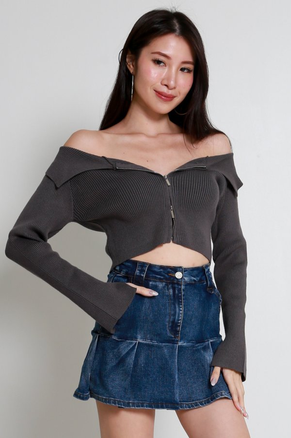 Caitlin Off Shoulder Knit Cardigan (Gunmetal)