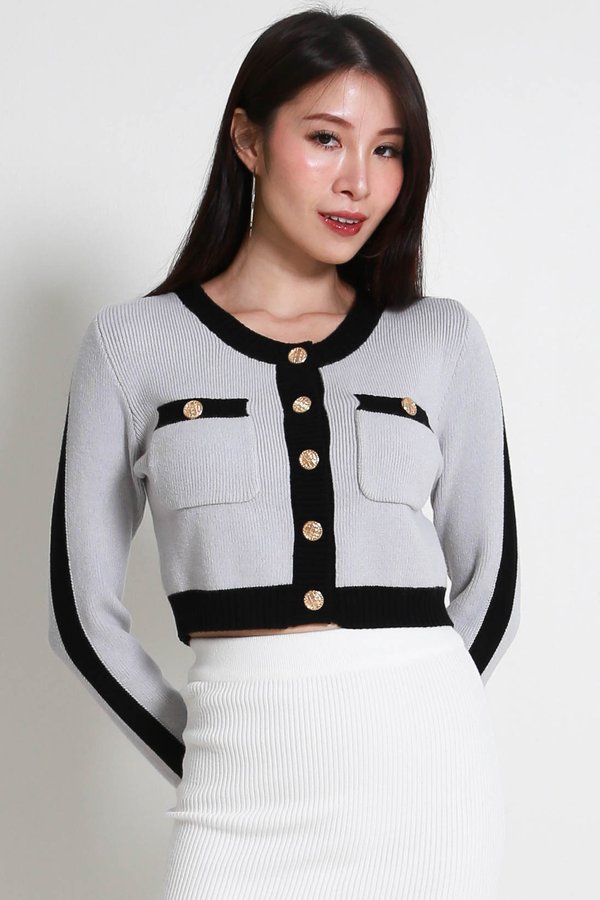 Kate Contrast Knit Cardigan (Greyish Blue)