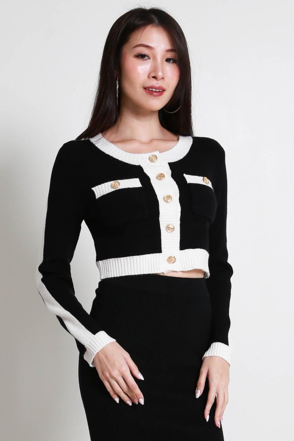 Kate Contrast Knit Cardigan (Black)