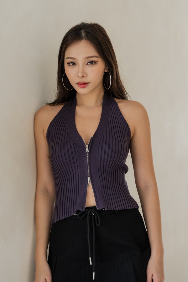 Delynn Halter Knit 2 Way Zipper Top (Gunmetal)