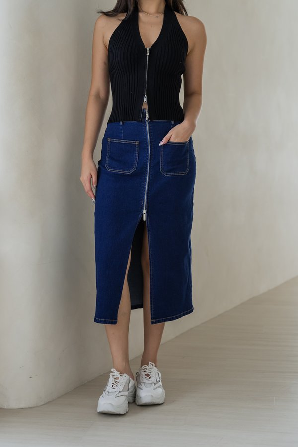 Adelia Zipped Denim Skirt (Dark Wash) Adelia Zipped Denim Skirt (Dark Wash)