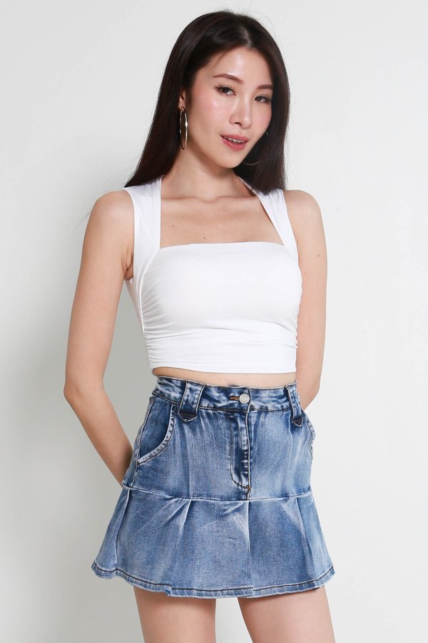 Ria Queen Anne Padded Ruched Top (White)