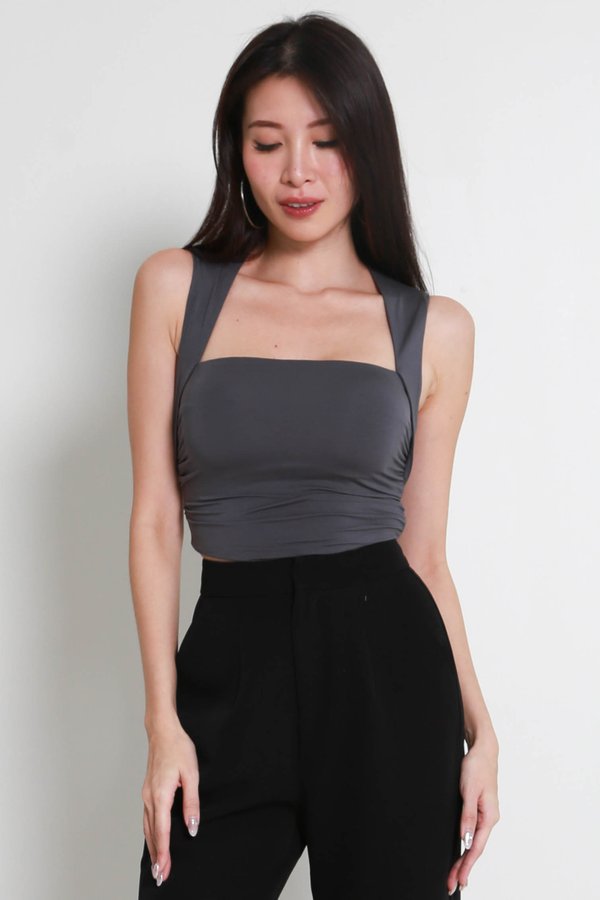 Ria Queen Anne Padded Ruched Top (Gunmetal)