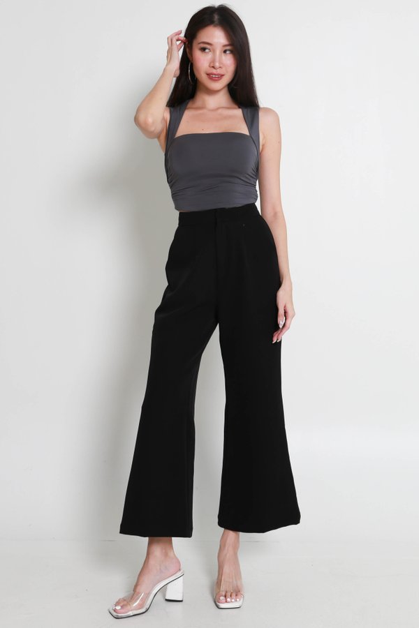 Ria Queen Anne Padded Ruched Top (Gunmetal)