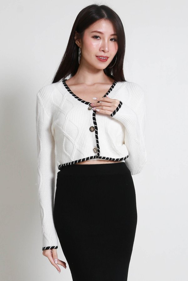 Aisha Contrast Knit Cardigan (White) Aisha Contrast Knit Cardigan (White)