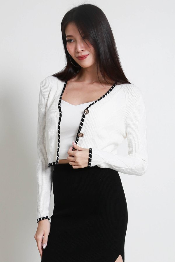 Aisha Contrast Knit Cardigan (White) Aisha Contrast Knit Cardigan (White)