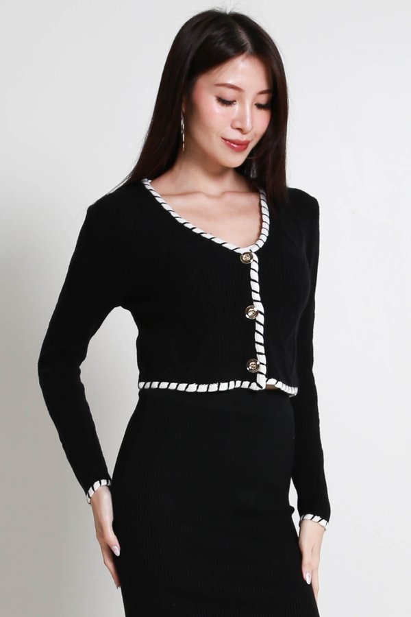 Aisha Contrast Knit Cardigan (Black)