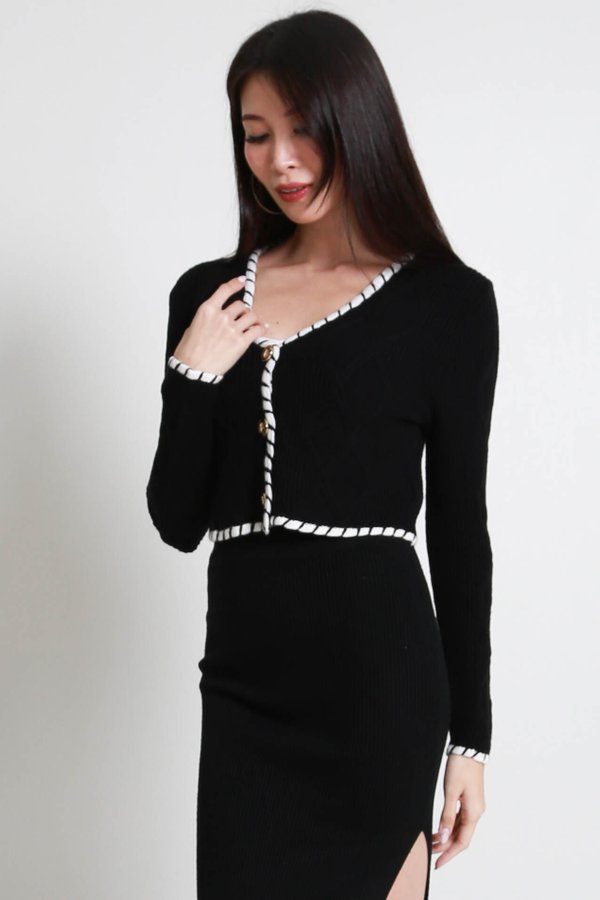 Aisha Contrast Knit Cardigan (Black)