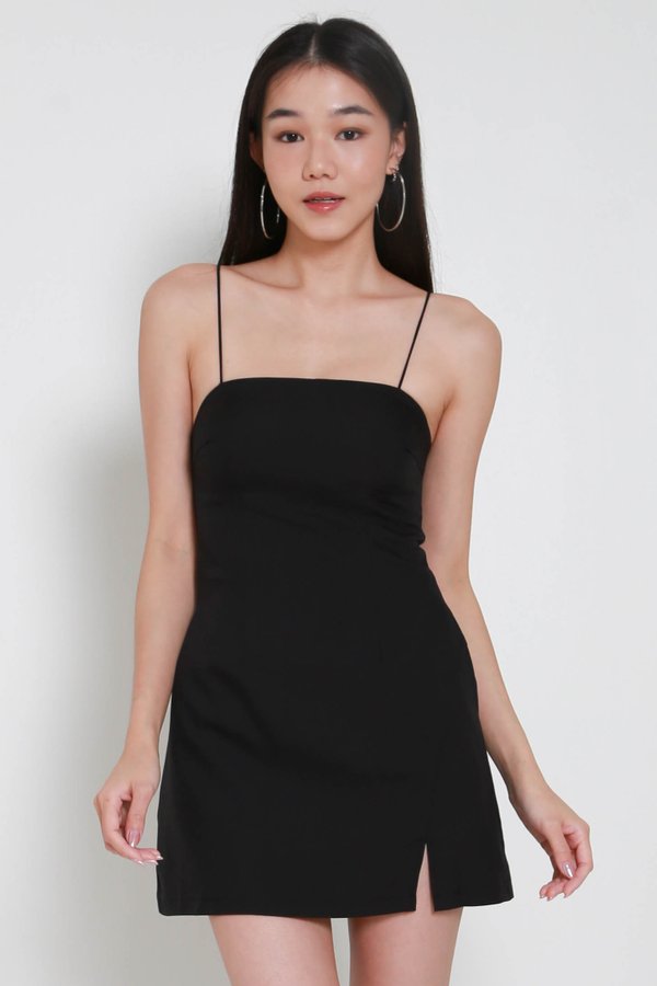 Ava Straight Neck Romper Dress (Black)