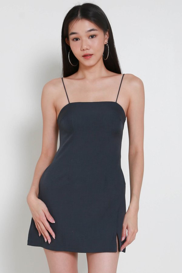 Ava Straight Neck Romper Dress (Dark Grey)