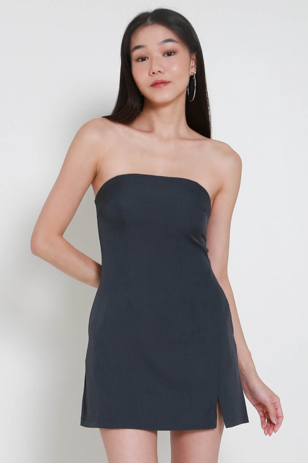 Ava Straight Neck Romper Dress (Dark Grey)