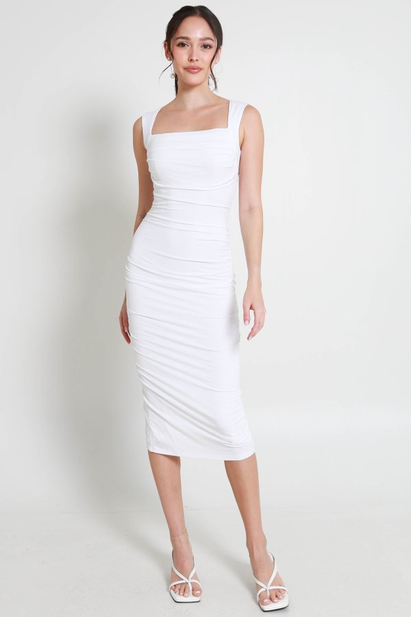 Tracey Queen Anne Padded Ruched Dress (White) Tracey Queen Anne Padded Ruched Dress (White)