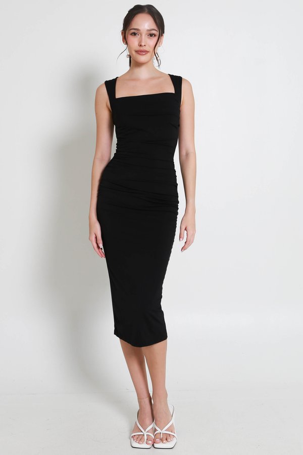 Tracey Queen Anne Padded Ruched Dress (Black)