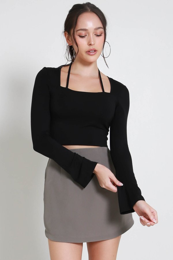 Laurelle Self Tie Long Sleeve Top (Black)