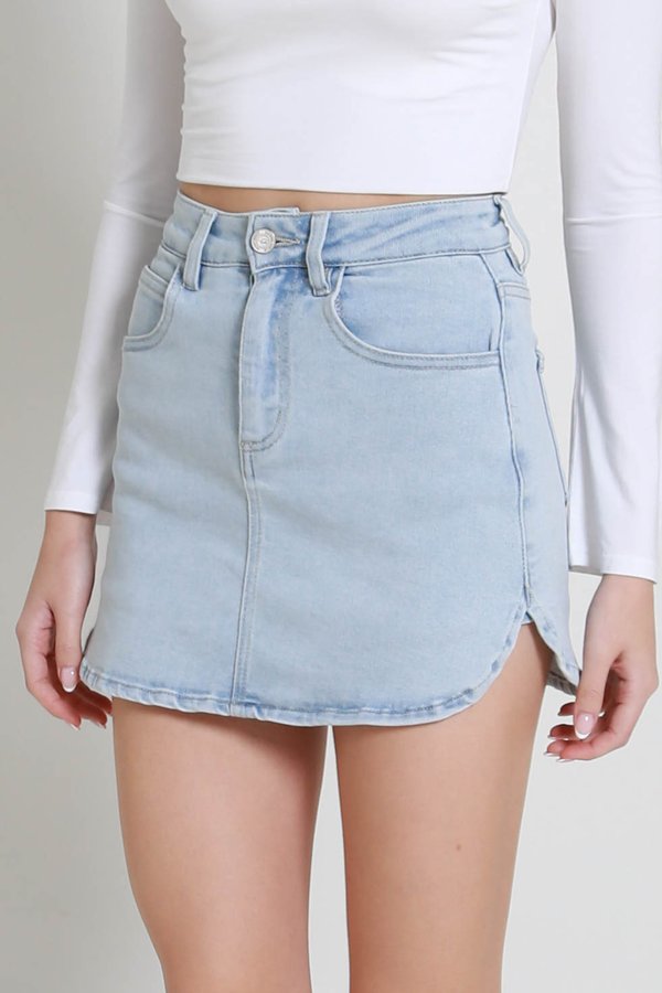 Celine Curve Hem Denim Skorts (Light Wash)