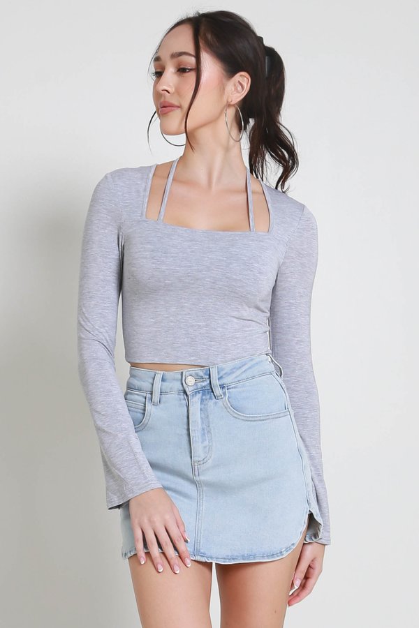 Laurelle Self Tie Long Sleeve Top (Heather Grey)