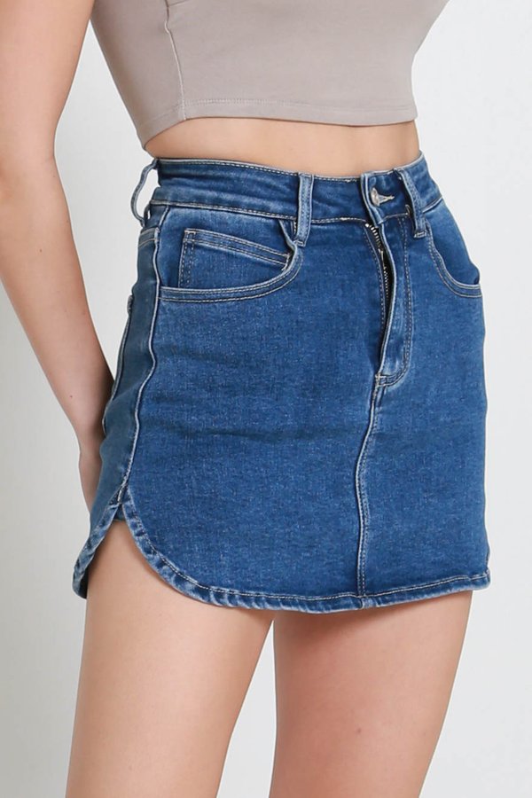Celine Curve Hem Denim Skorts (Mid Wash) 