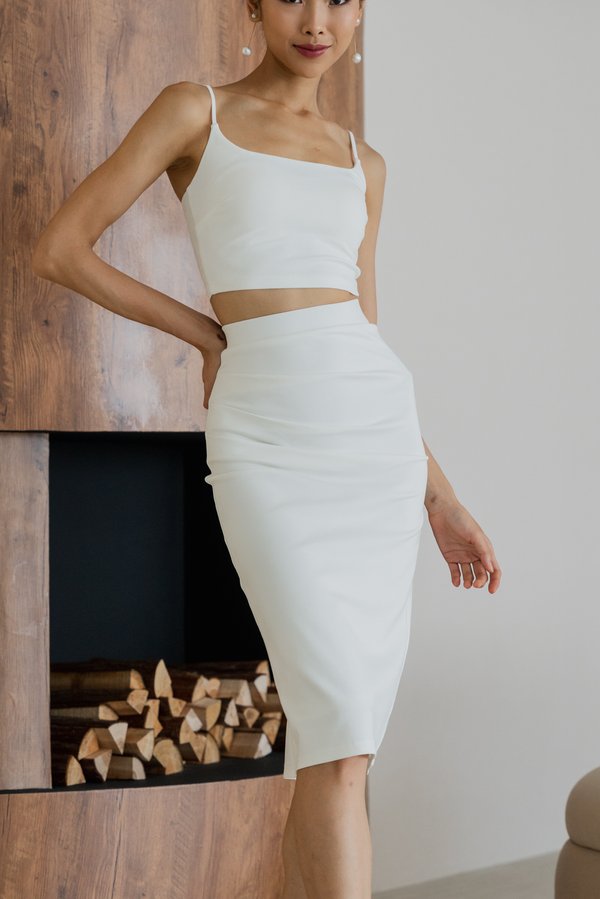 *Luxe* Shayla Ruched Midi Skirt (White)