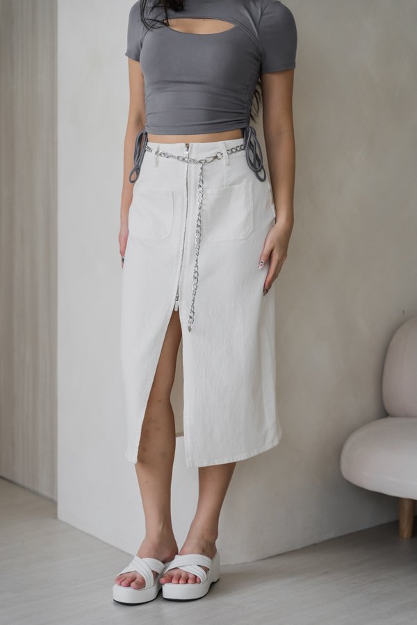 Adelia Zipped Denim Skirt (White)