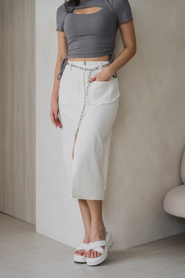 Adelia Zipped Denim Skirt (White)