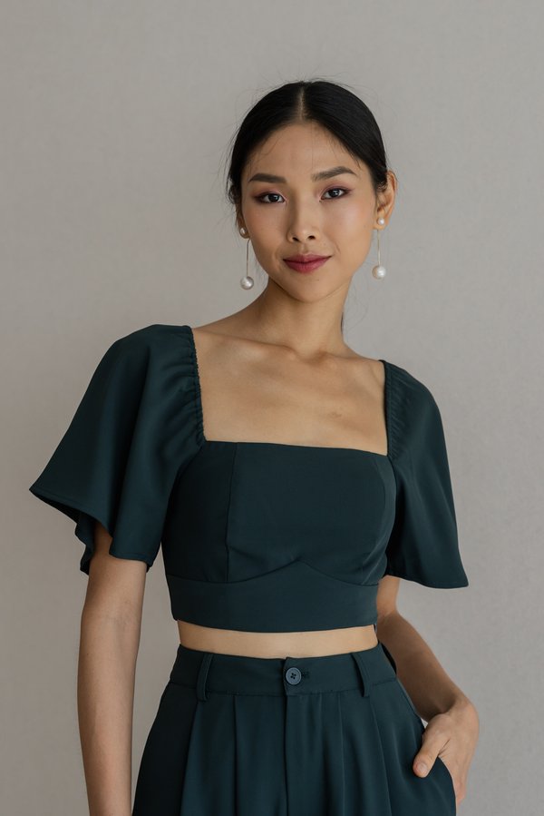 Leena Sleeved Padded Top (Dark Emerald Green)