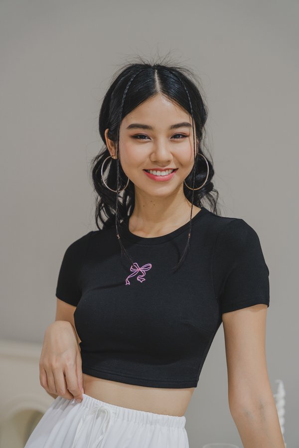 *Lite* Aly Ribbon Embroidered Top (Black/Baby Pink Ribbon)