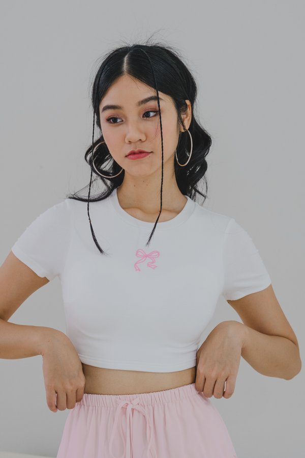 *Lite* Aly Ribbon Embroidered Top (White/Baby Pink Ribbon)