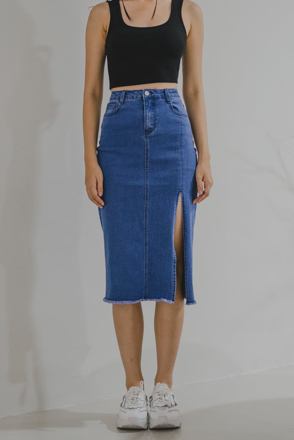 Julian Side Slit Denim Skirt (Mid Wash) 