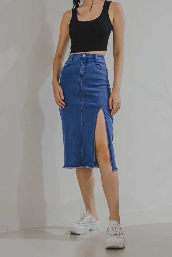 Julian Side Slit Denim Skirt (Mid Wash) 