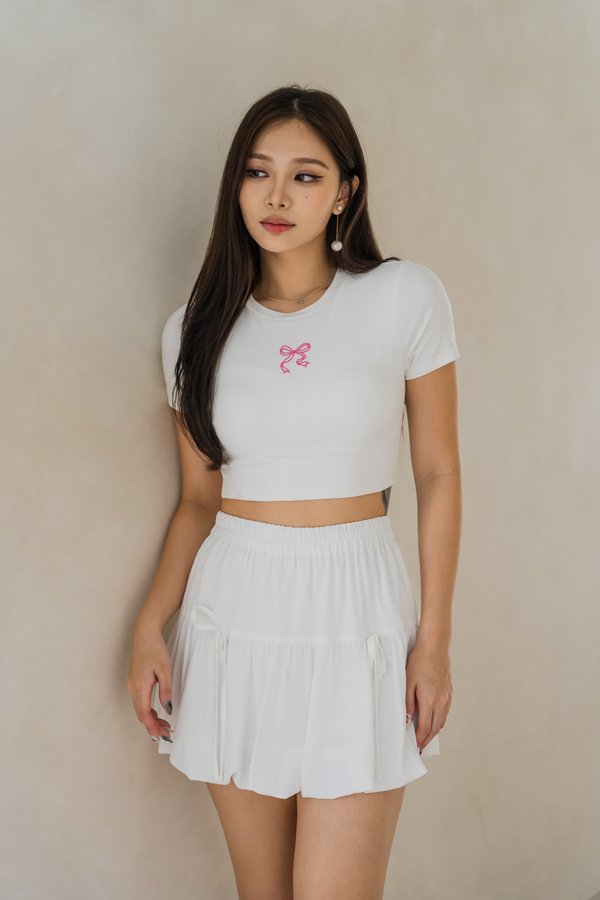 *Lite* Aly Ribbon Embroidered Top (White/Barbie Pink Ribbon) 