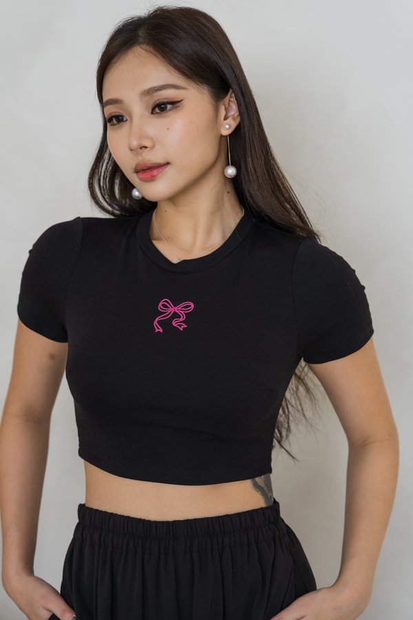 *Lite* Aly Ribbon Embroidered Top (Black/Barbie Pink Ribbon) 