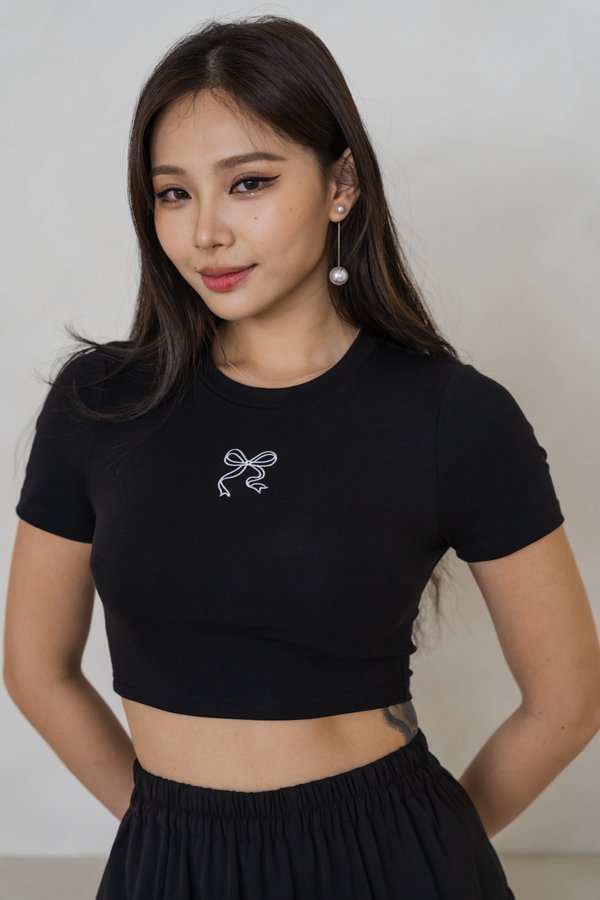 *Lite* Aly Ribbon Embroidered Top (Black/White Ribbon)