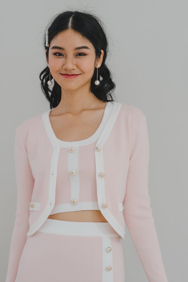 Irene Contrast Curve Hem Cardigan (Pink)