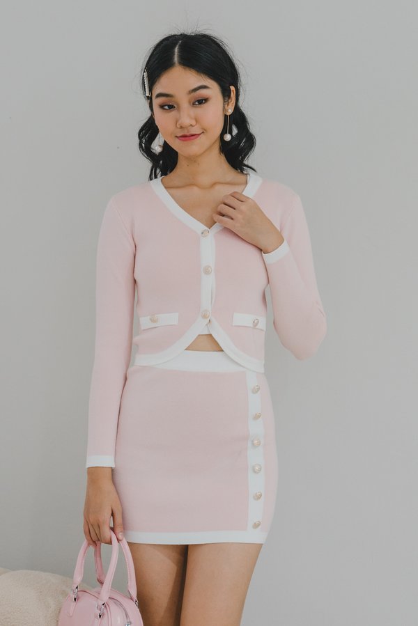 Irene Contrast Curve Hem Cardigan (Pink)