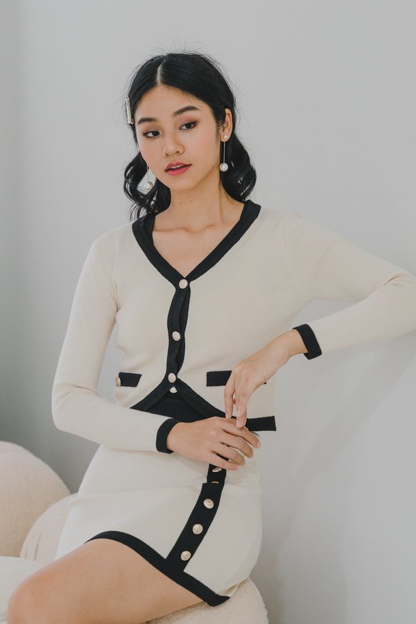 Irene Contrast Curve Hem Cardigan (Ivory)