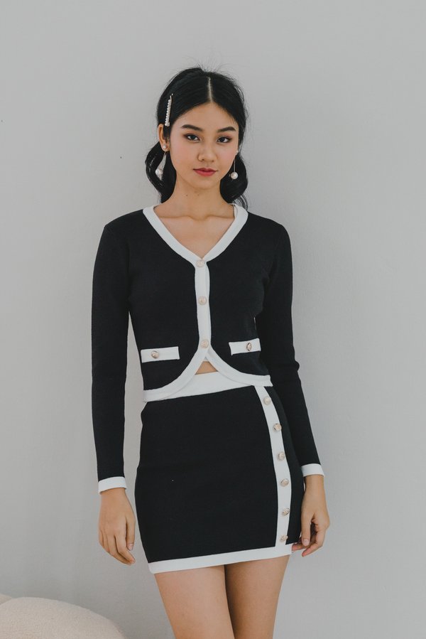 Irene Contrast Curve Hem Cardigan (Black)