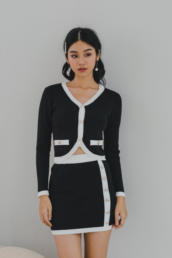 Irene Contrast Curve Hem Cardigan (Black)