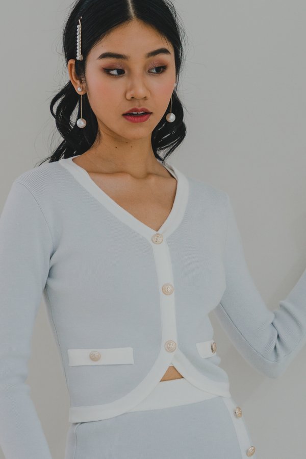 Irene Contrast Curve Hem Cardigan (Ice Blue)