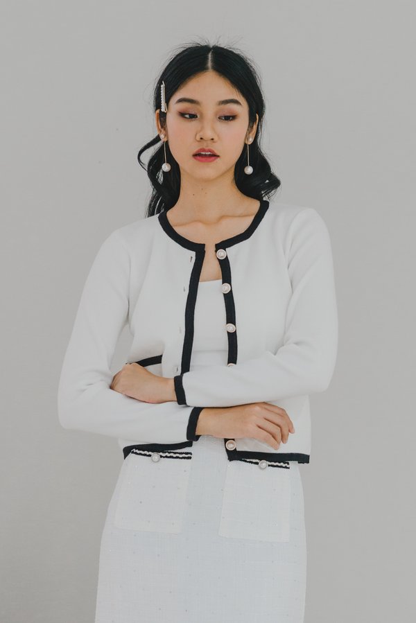 Dion Contrast Long Cardigan (White)