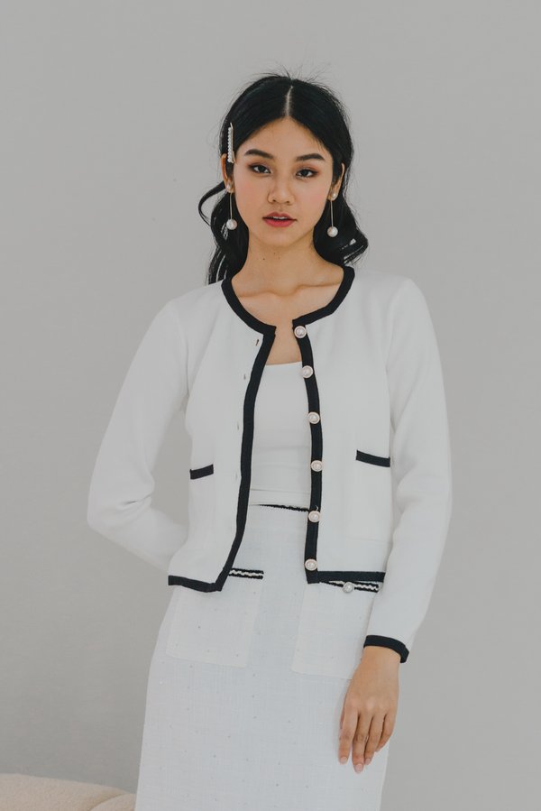 Dion Contrast Long Cardigan (White)