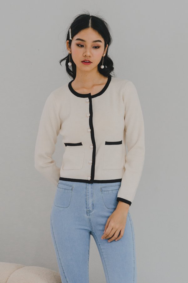 Dion Contrast Long Cardigan (Ivory)