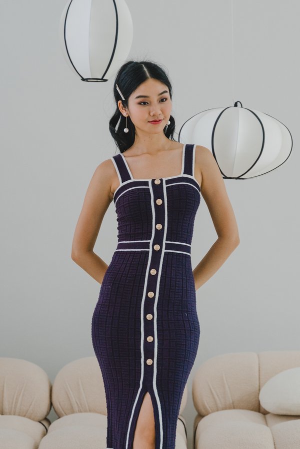 Ayra Contrast Gold Button Knit Dress (Navy)
