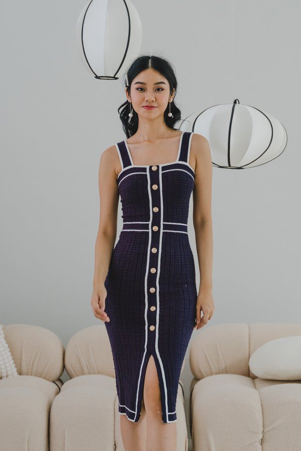 Ayra Contrast Gold Button Knit Dress (Navy)