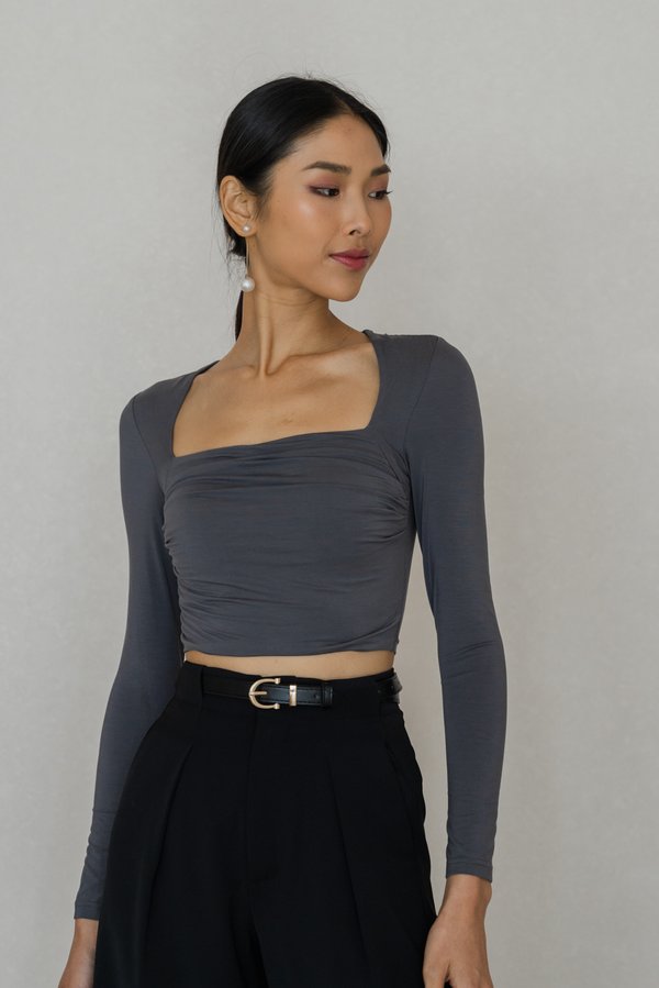 Jayla Ruched Long Sleeve Padded Top (Gunmetal)