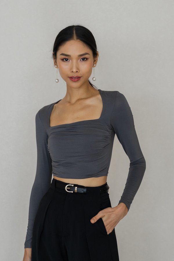 Jayla Ruched Long Sleeve Padded Top (Gunmetal)