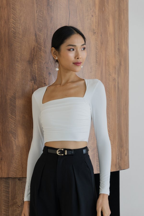 Jayla Ruched Long Sleeve Padded Top (White)