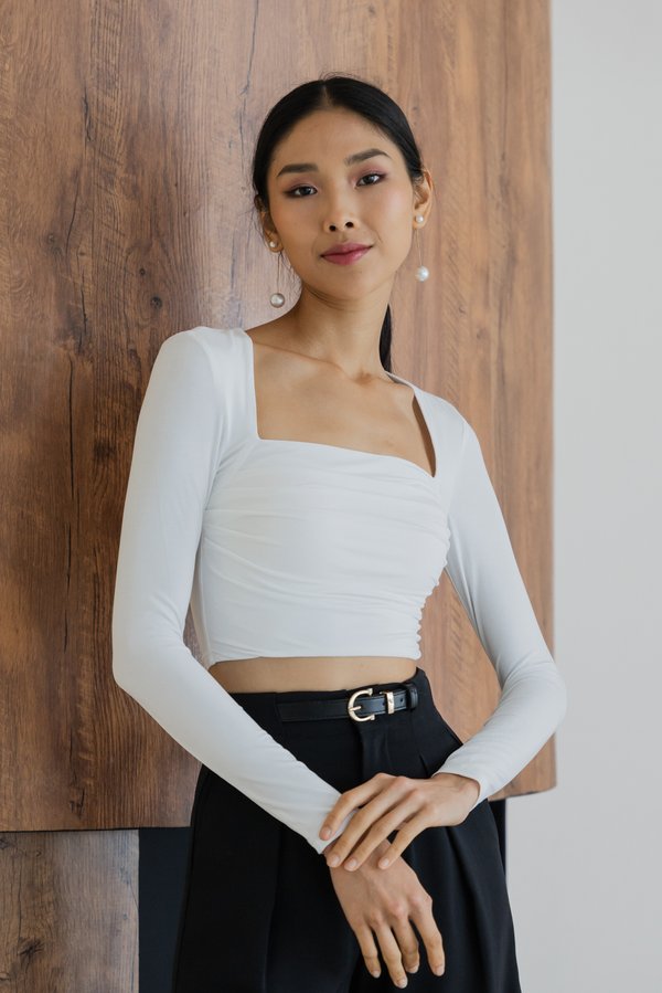 Jayla Ruched Long Sleeve Padded Top (White)